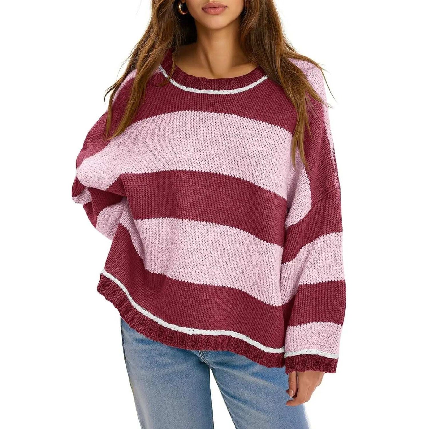 Oversized Round Neck Color Block Stripe Knit Sweater