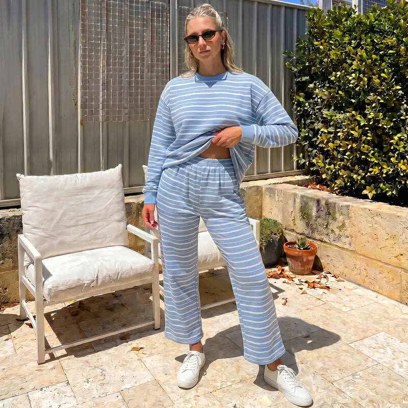 Women Casual Horizontal Stripe Crew Neck Elastic Waist Shorts Or Long Pants Loungewear Set