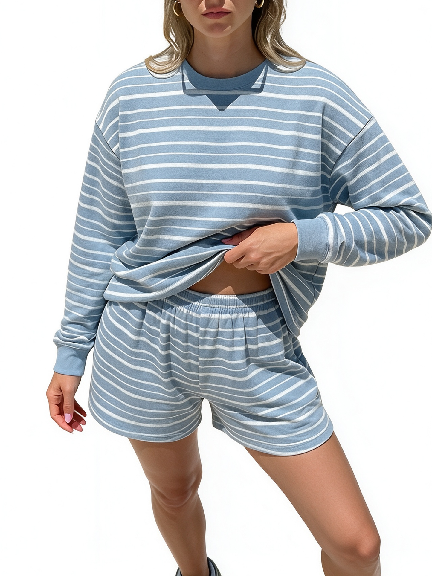 Women Casual Horizontal Stripe Crew Neck Elastic Waist Shorts Or Long Pants Loungewear Set
