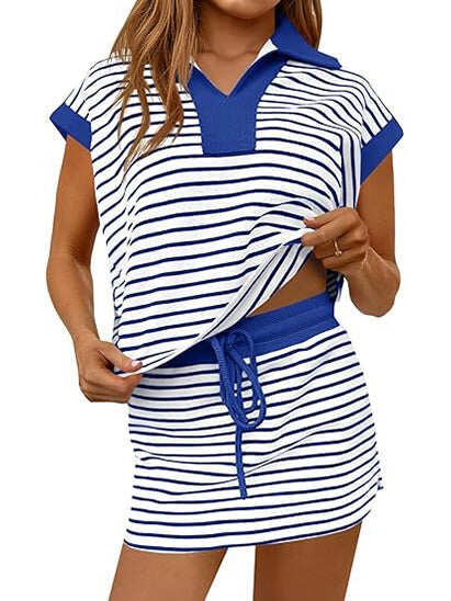 Women Color Block Collar V Neck Striped Short Sleeve Top & Drawstring High Waist Mini Skirt Summer Two Piece Set