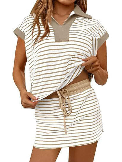 Women Color Block Collar V Neck Striped Short Sleeve Top & Drawstring High Waist Mini Skirt Summer Two Piece Set