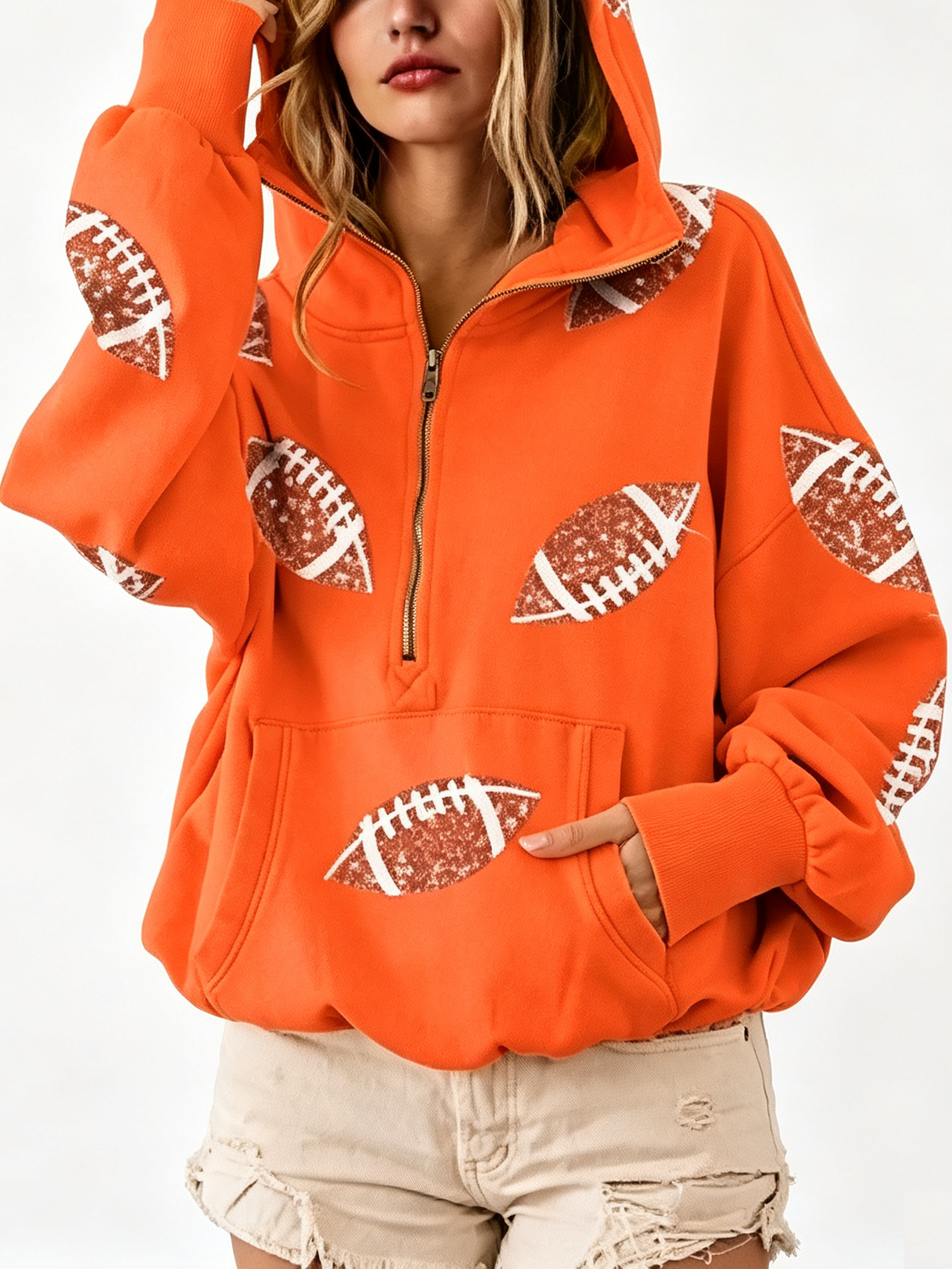 Sequin Football Print Half Zip Oversized Hoodie Game Day Casual Sweatshirt