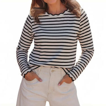 Scalloped Trim Crew Neck Striped Long Sleeve Top