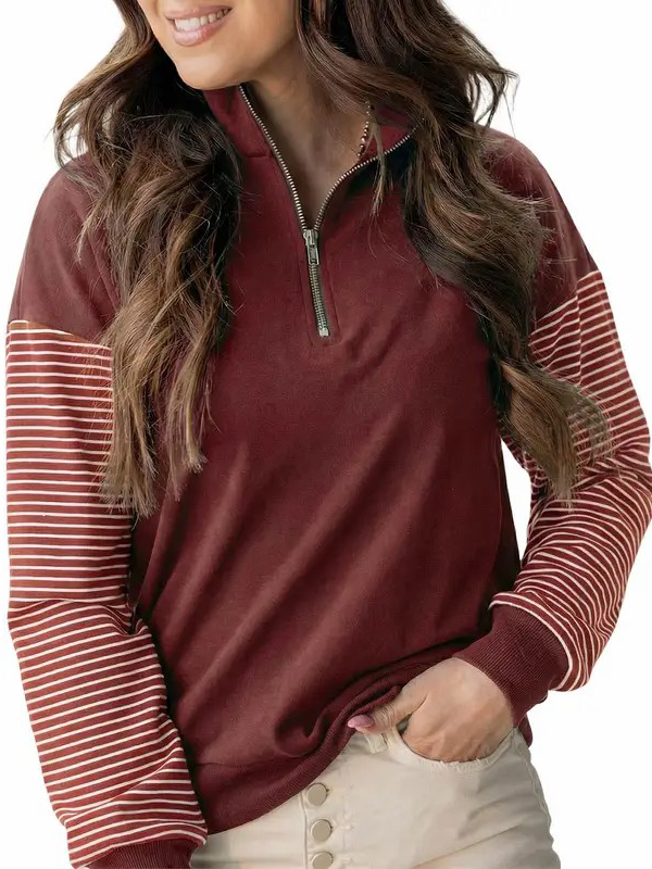 Women Color Block Striped Raglan Half Zip Loose Pullover Sweatshirt