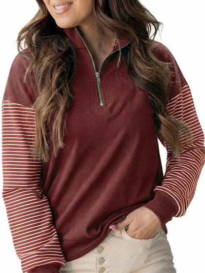 Women Color Block Striped Raglan Half Zip Loose Pullover Sweatshirt