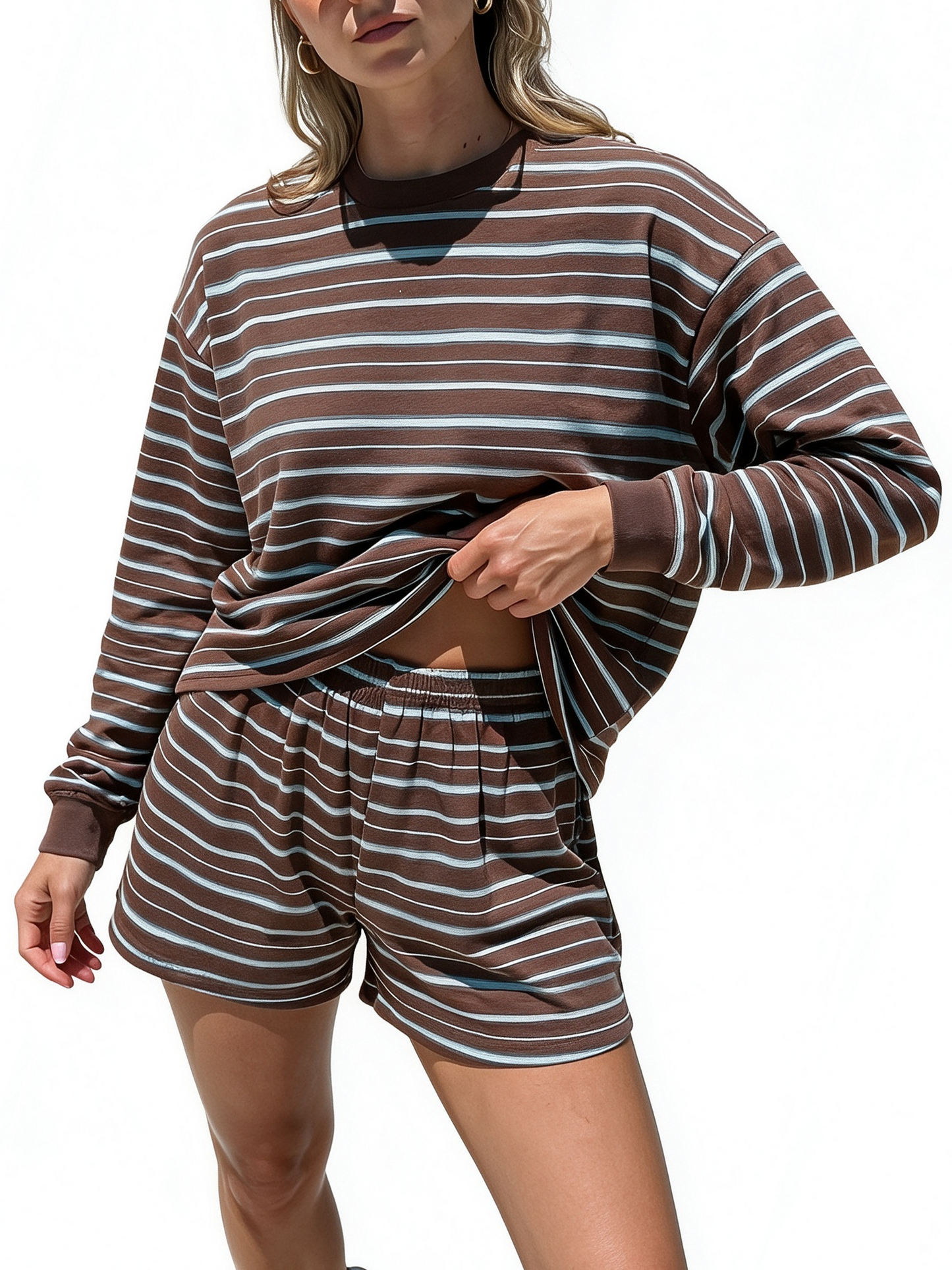 Women Casual Horizontal Stripe Crew Neck Elastic Waist Shorts Or Long Pants Loungewear Set