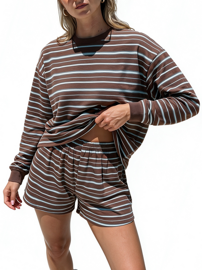 Women Casual Horizontal Stripe Crew Neck Elastic Waist Shorts Or Long Pants Loungewear Set