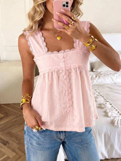 Square Neck Lace Trim Sleeveless Babydoll Tank Top