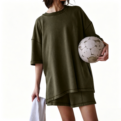 Round Neck Side Split Stitch Loose Top & Matching Shorts Casual Lounge Set
