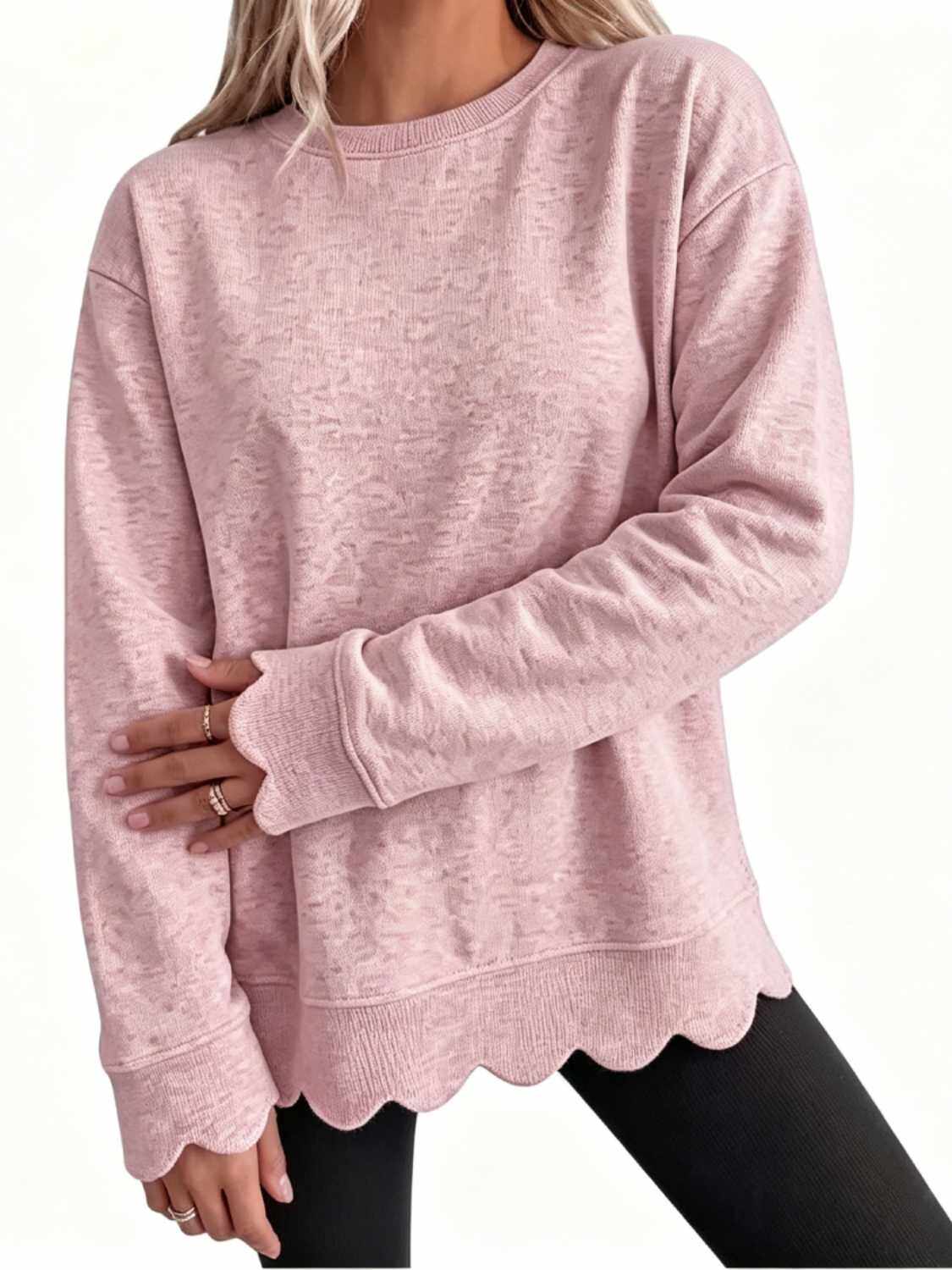 Women Crew Neck Oversized Long Sleeve Sweatshirt With Scallop Cuff And Hem