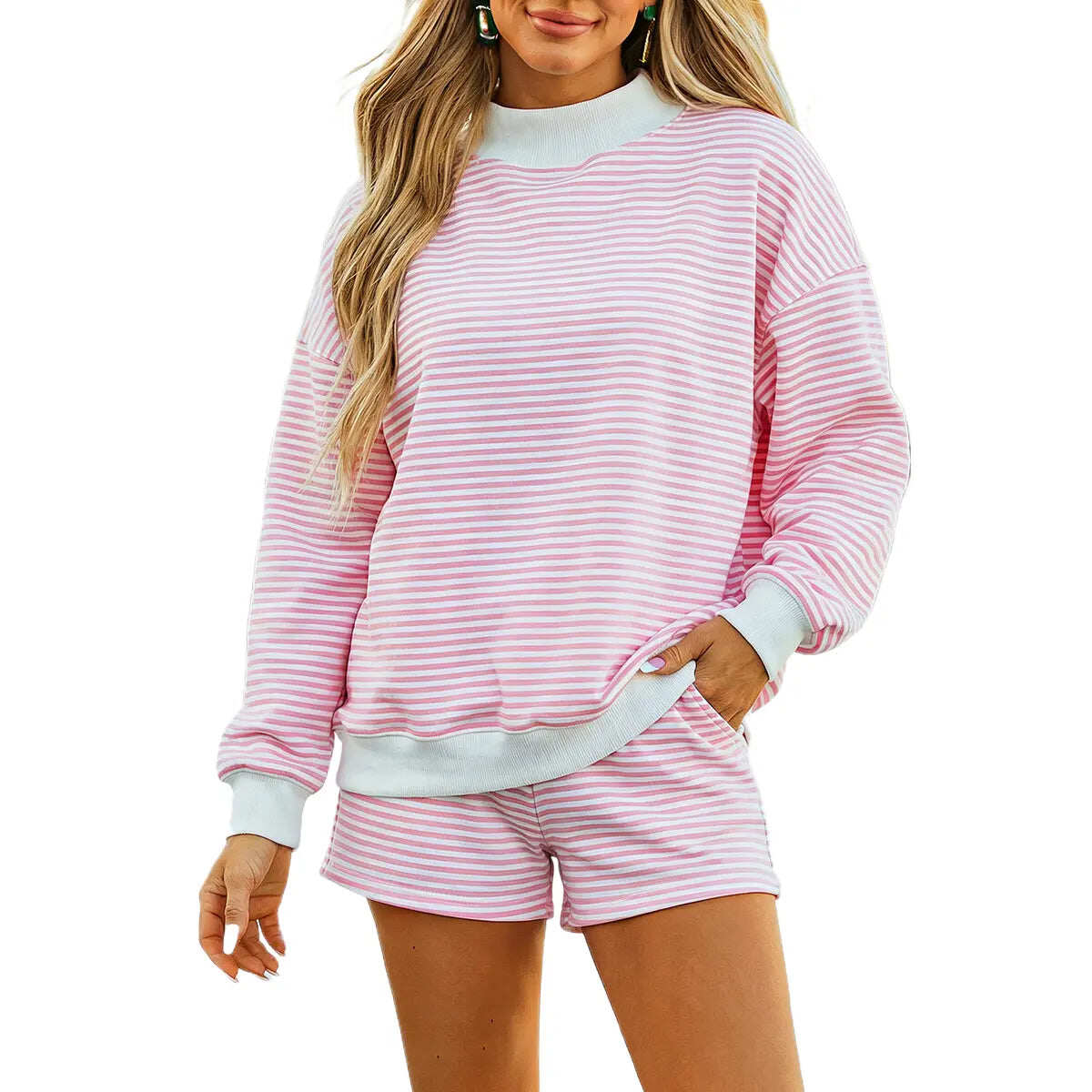 Women Contrast Collar Cuff Striped Long Sleeve Top & Shorts Loungewear Set