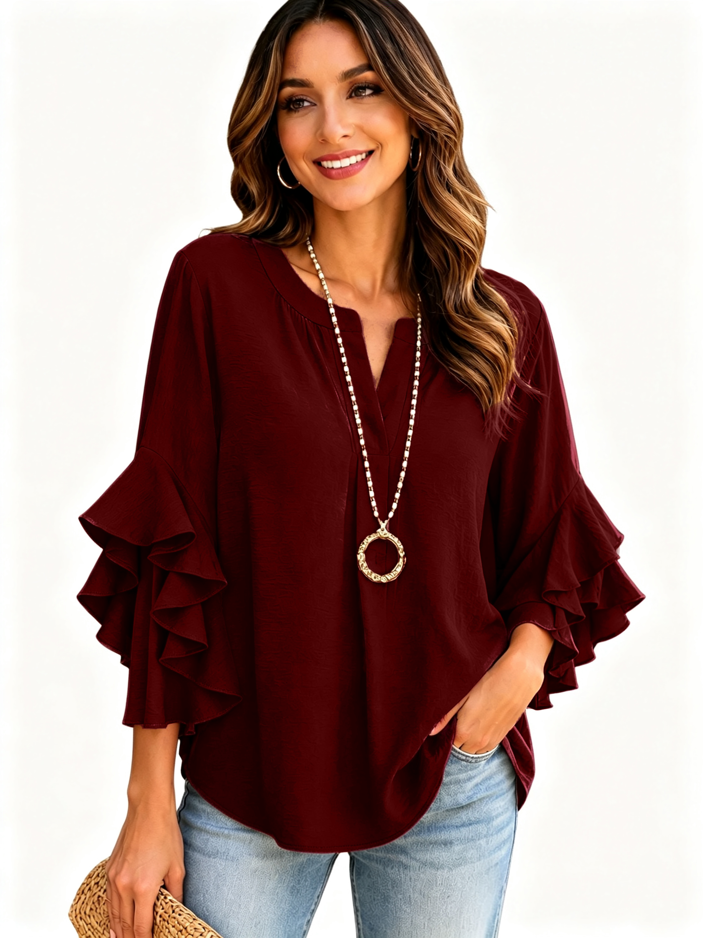 Elegant Ruffle Sleeve V Neck Blouse Solid Versatile Daily Office Shirt