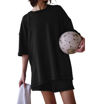 Round Neck Side Split Stitch Loose Top & Matching Shorts Casual Lounge Set