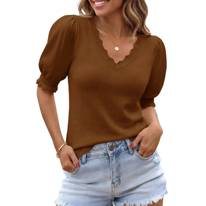 Scalloped V Neck Puff Elbow Sleeve Knit Top