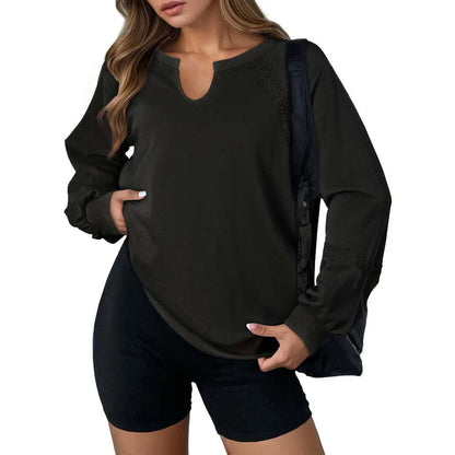 Notch V-Neck Lace Spliced Long Sleeve Sweatshirt