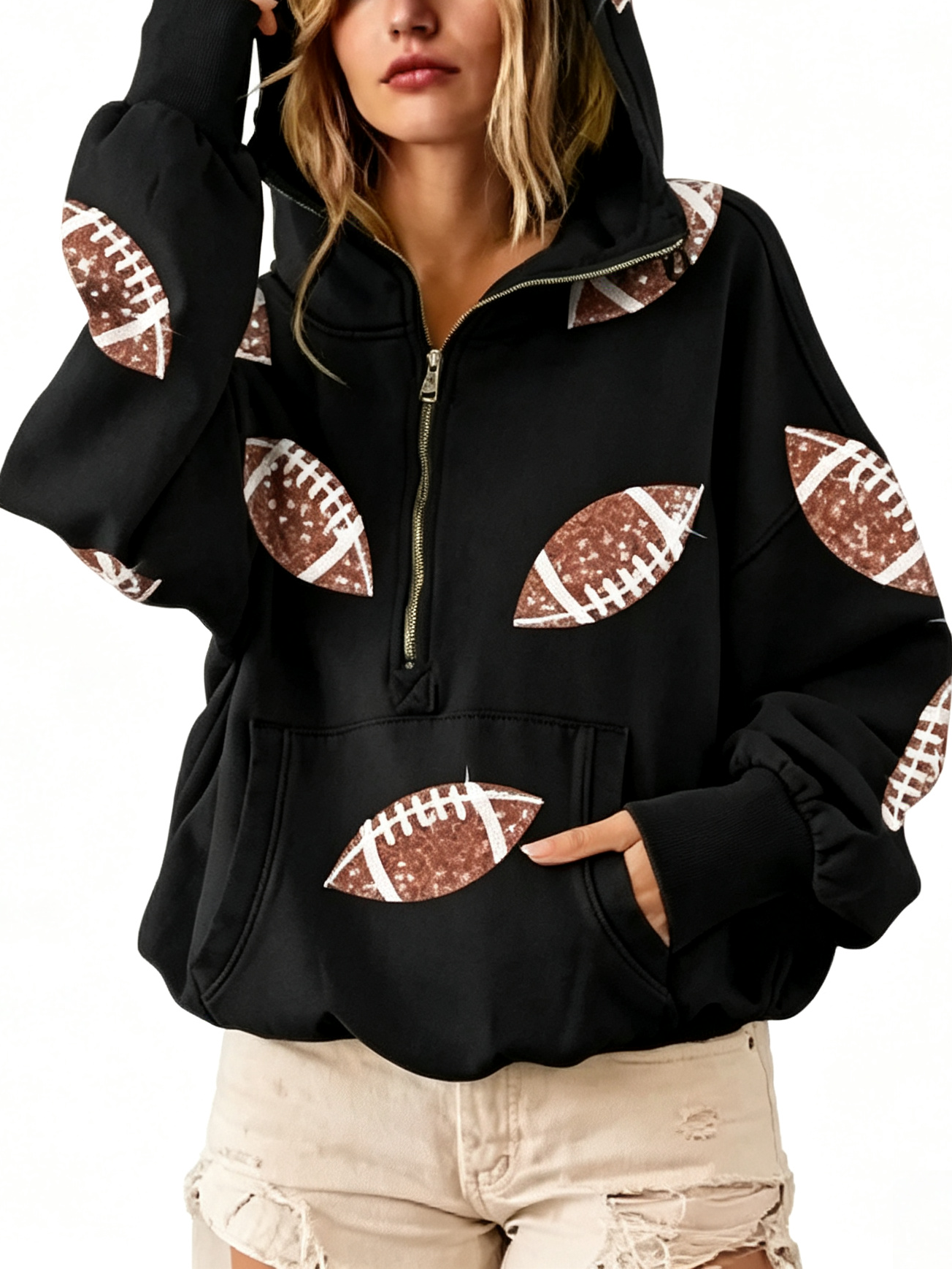 Sequin Football Print Half Zip Oversized Hoodie Game Day Casual Sweatshirt