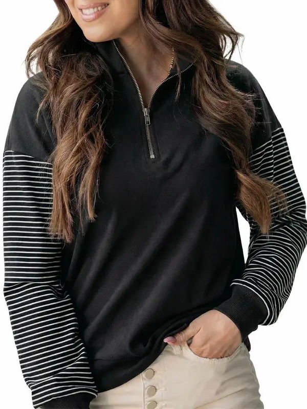 Women Color Block Striped Raglan Half Zip Loose Pullover Sweatshirt