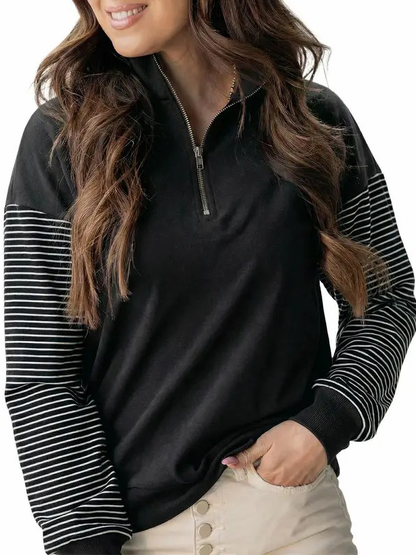 Women Color Block Striped Raglan Half Zip Loose Pullover Sweatshirt