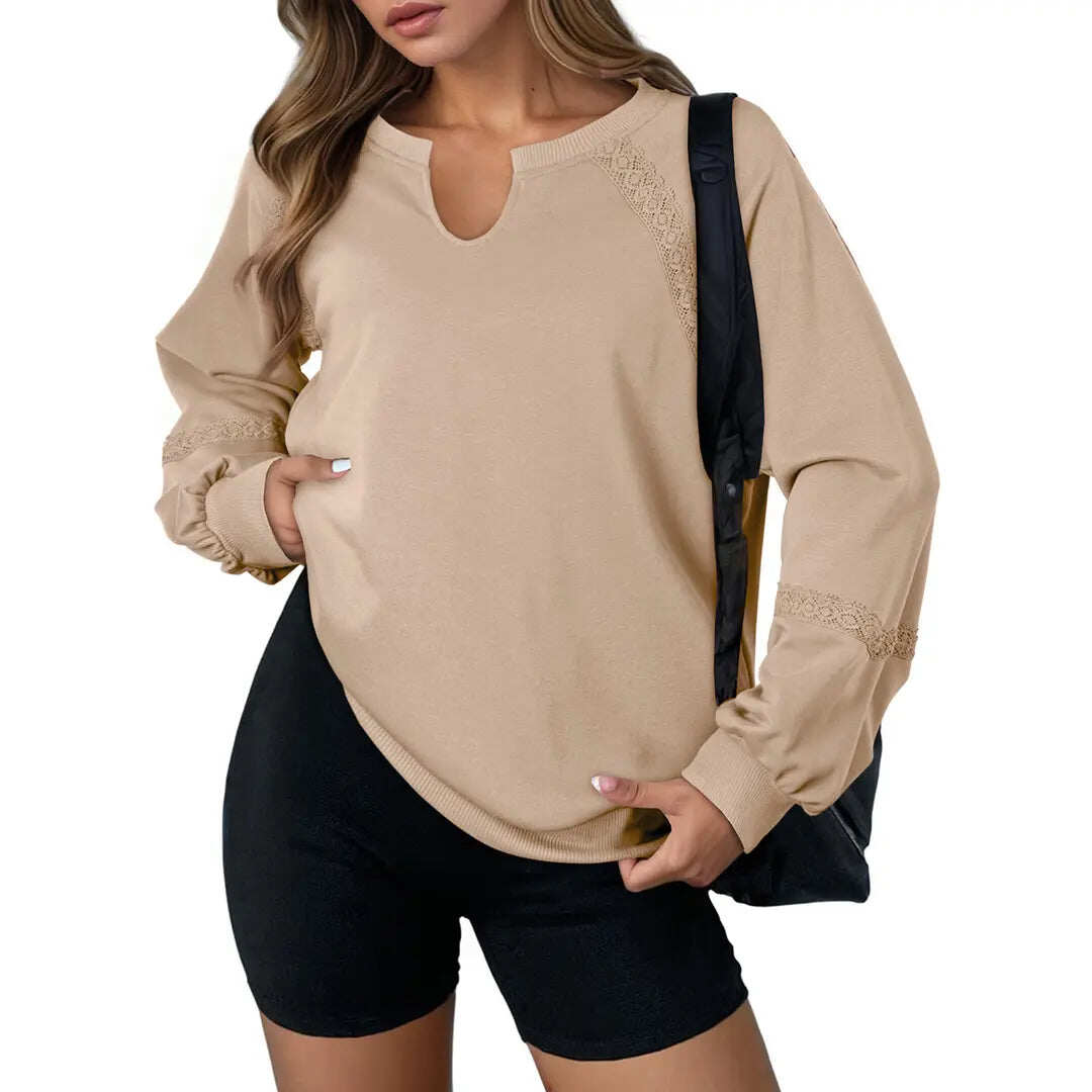 Notch V-Neck Lace Spliced Long Sleeve Sweatshirt