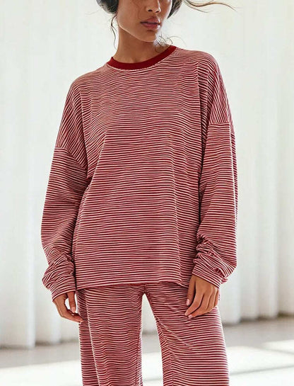 Striped Crew Neck Split Hem Top & Pants Two Piece Set