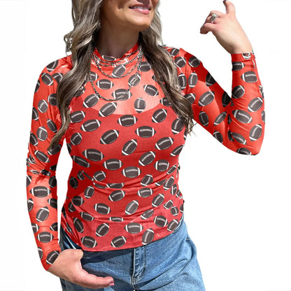 Fashion Football Print Mesh Mock Neck Layering Top