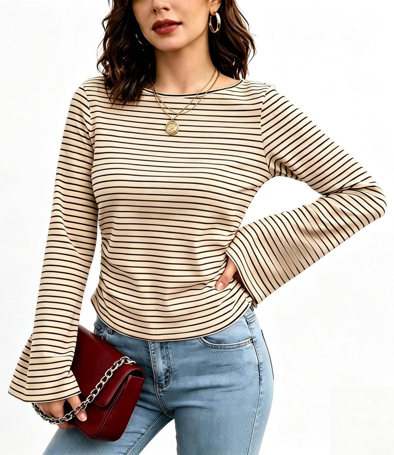 Crew Neck Striped Flare Long Sleeve Ribbed Top