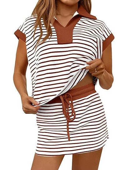 Women Color Block Collar V Neck Striped Short Sleeve Top & Drawstring High Waist Mini Skirt Summer Two Piece Set