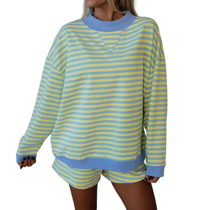 Women Contrast Collar Cuff Striped Long Sleeve Top & Shorts Loungewear Set