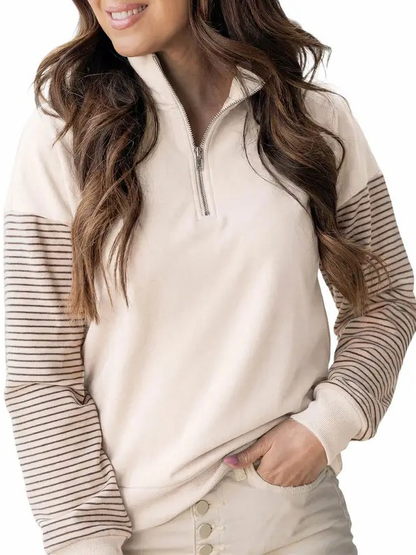 Women Color Block Striped Raglan Half Zip Loose Pullover Sweatshirt