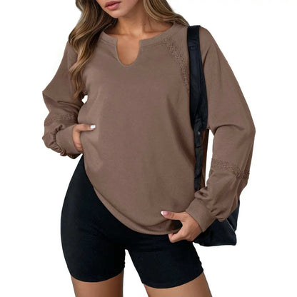 Notch V-Neck Lace Spliced Long Sleeve Sweatshirt