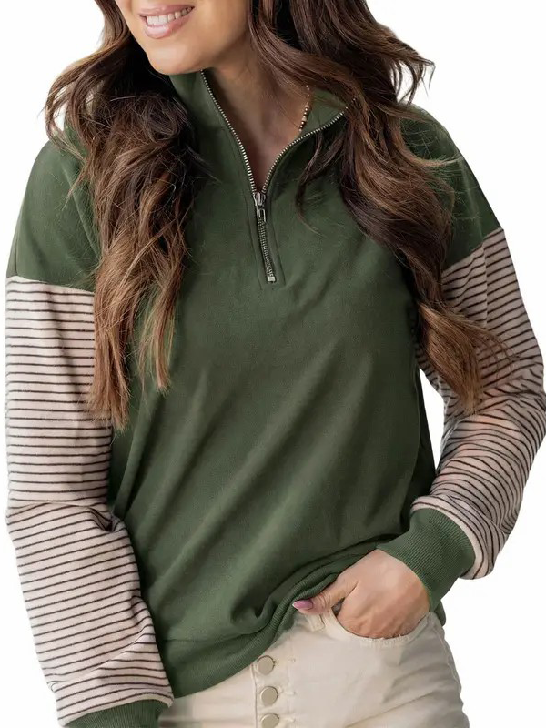 Women Color Block Striped Raglan Half Zip Loose Pullover Sweatshirt