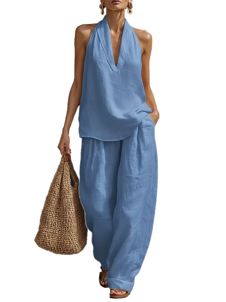 Halter Deep V Neck Two-Piece Wide Leg Pants Set