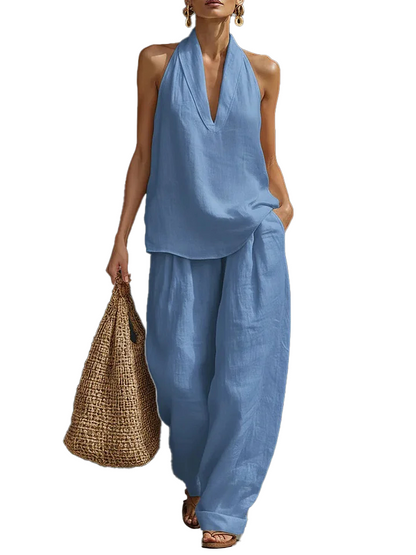Halter Deep V Neck Two-Piece Wide Leg Pants Set