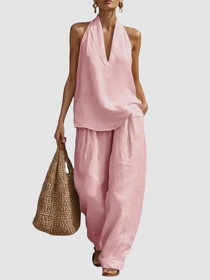Halter Deep V Neck Two-Piece Wide Leg Pants Set