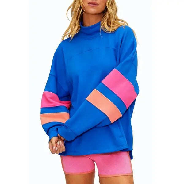 High Mock Neck Color Block Striped Long Sleeve Sweatshirt
