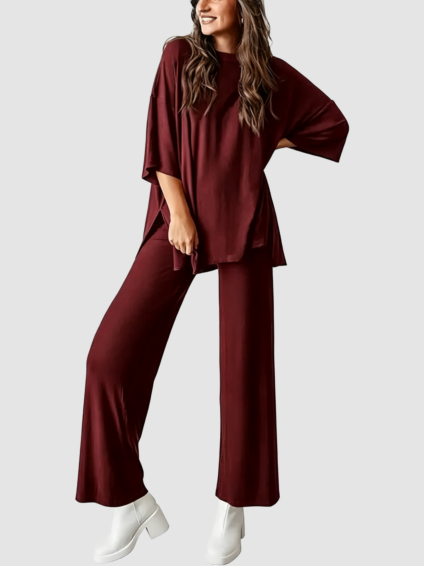 Loose Split Hem Top & Wide Leg Pants 2-Piece Casual Loungewear Set