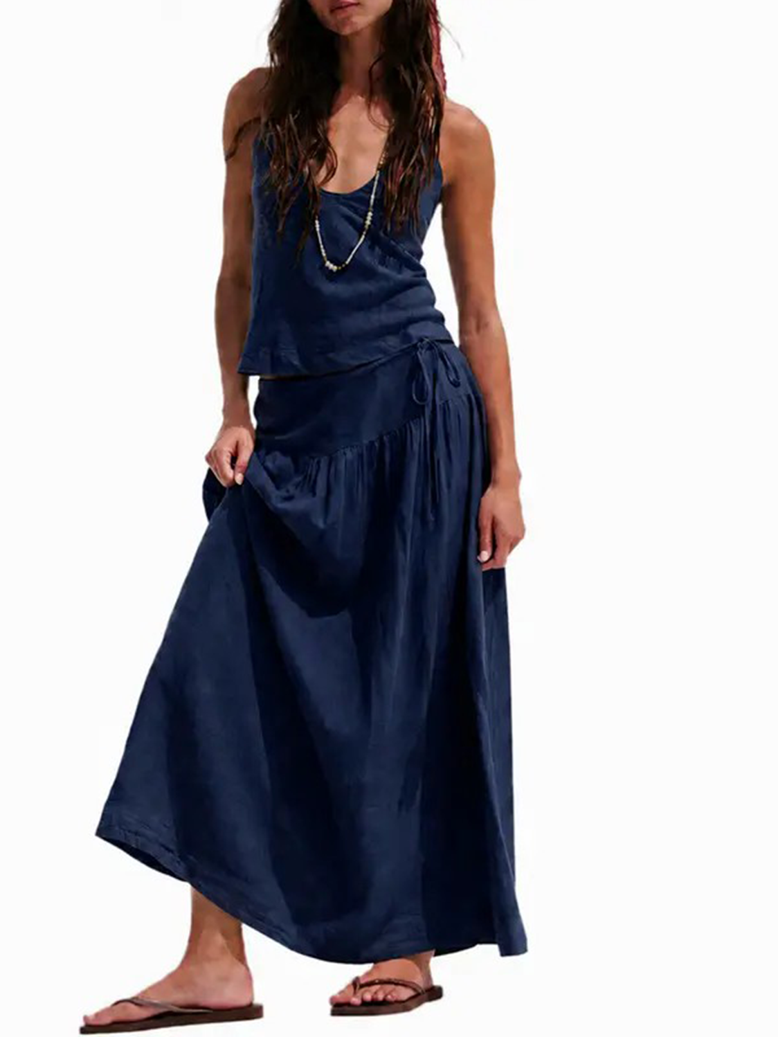 Women Backless Halter 2 Piece Set, Drawstring High Waist Flowy Maxi Skirt Co-ord