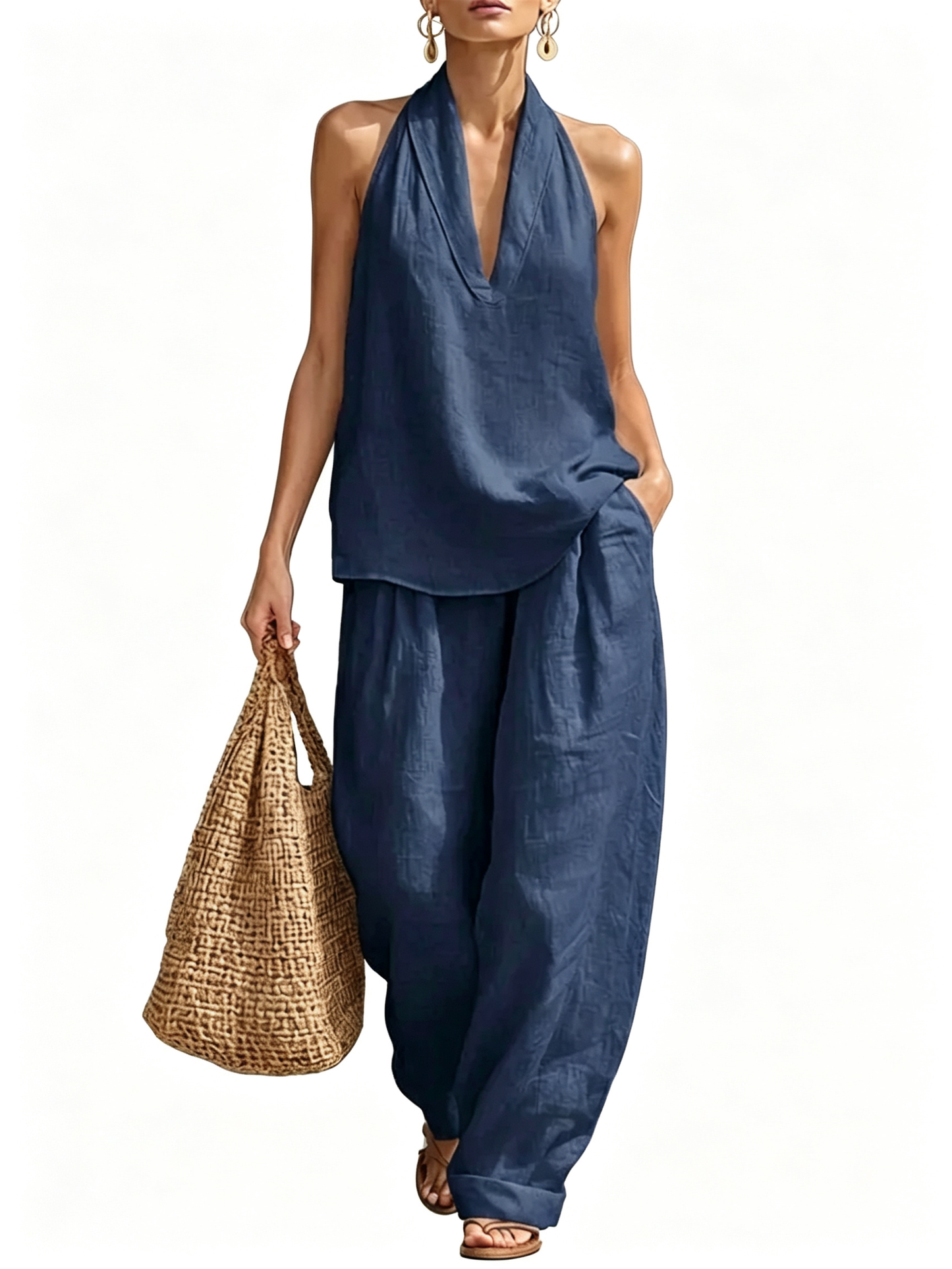 Halter Deep V Neck Two-Piece Wide Leg Pants Set