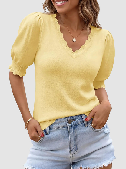 Scalloped V Neck Puff Elbow Sleeve Knit Top