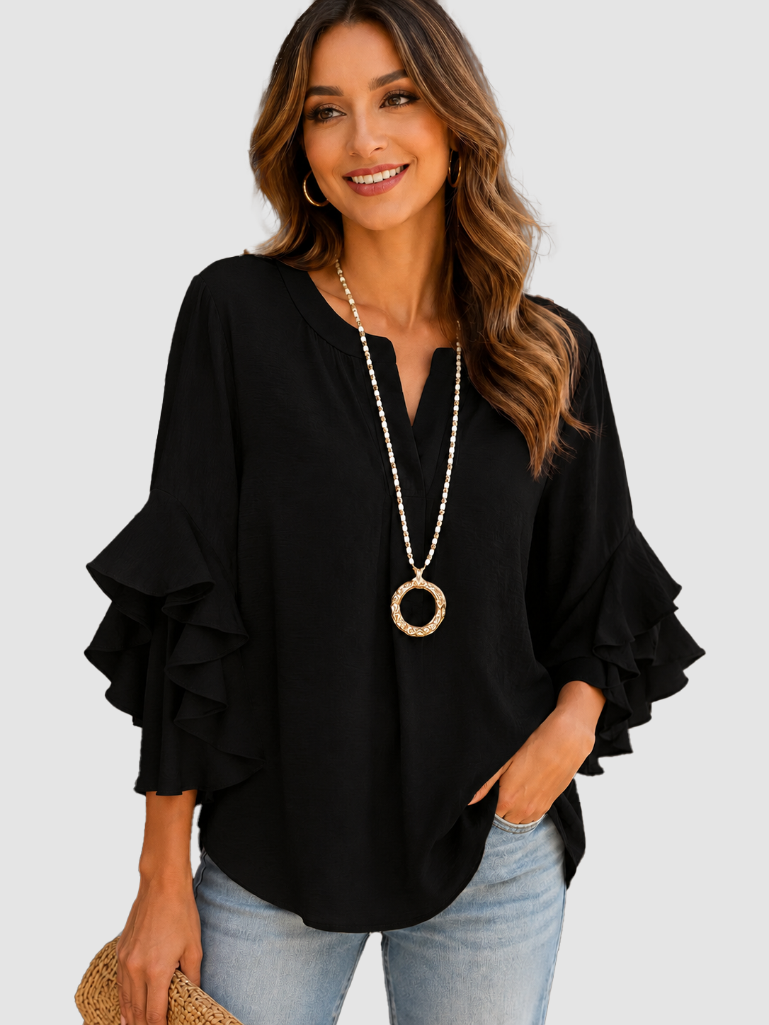 Elegant Ruffle Sleeve V Neck Blouse Solid Versatile Daily Office Shirt