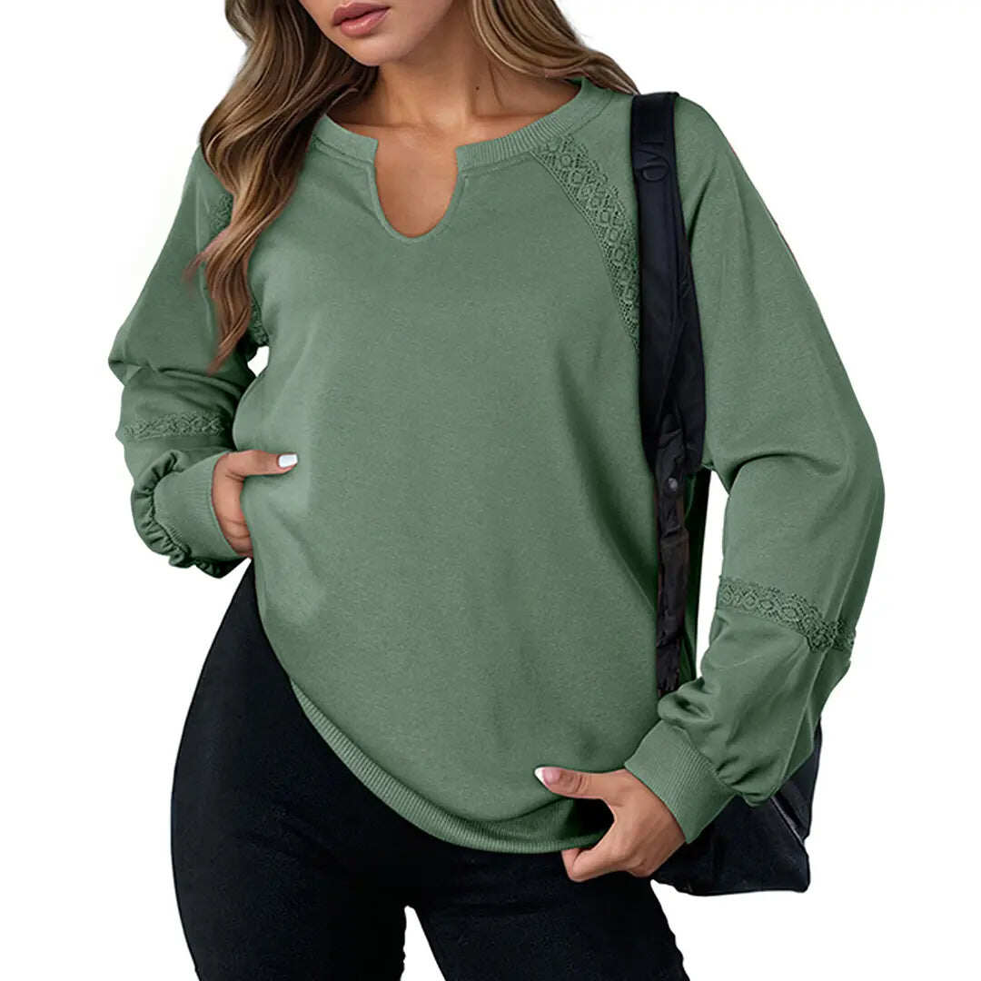 Notch V-Neck Lace Spliced Long Sleeve Sweatshirt