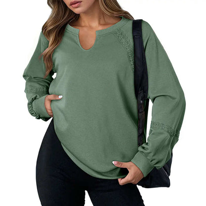 Notch V-Neck Lace Spliced Long Sleeve Sweatshirt