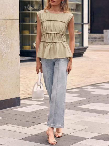 Women Cap Sleeve Smocked Peplum Babydoll Blouse Crew Neck Pleated Casual Top