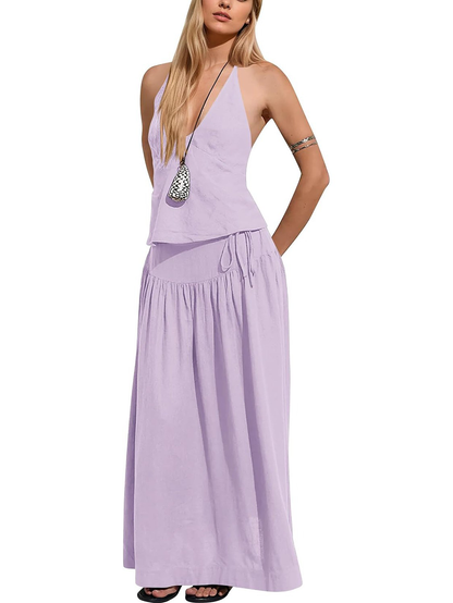 Women Backless Halter 2 Piece Set, Drawstring High Waist Flowy Maxi Skirt Co-ord