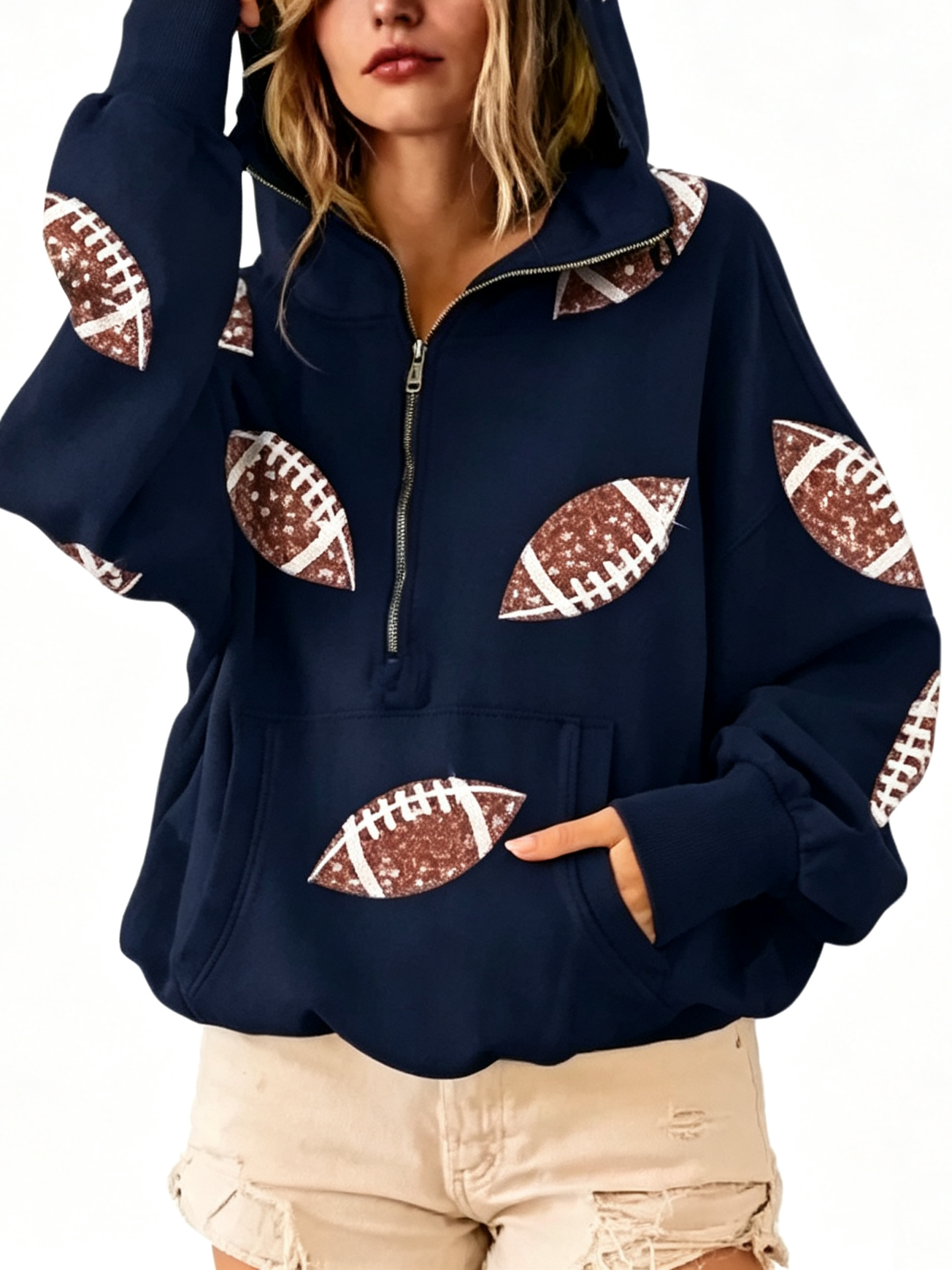 Sequin Football Print Half Zip Oversized Hoodie Game Day Casual Sweatshirt