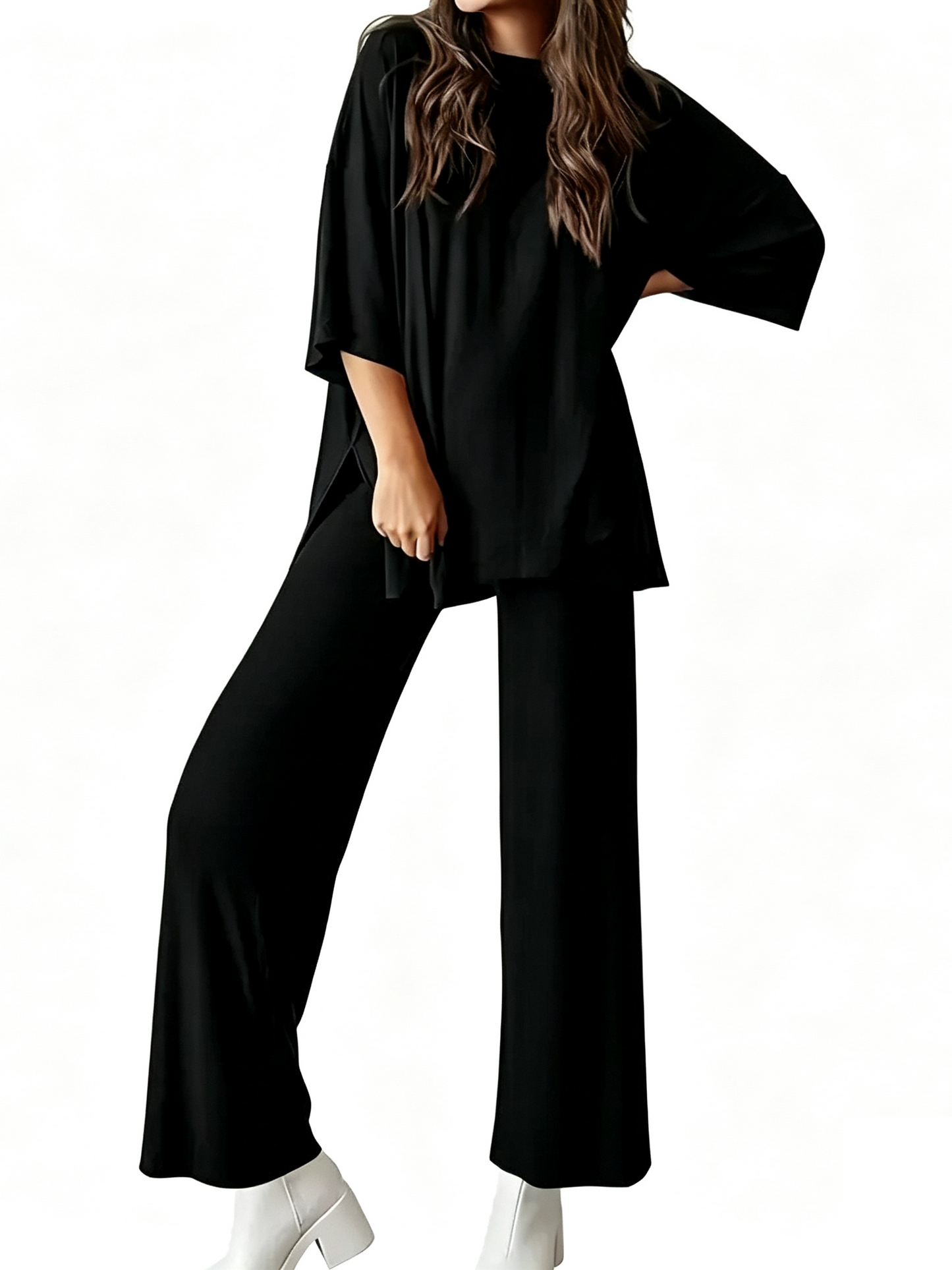 Loose Split Hem Top & Wide Leg Pants 2-Piece Casual Loungewear Set