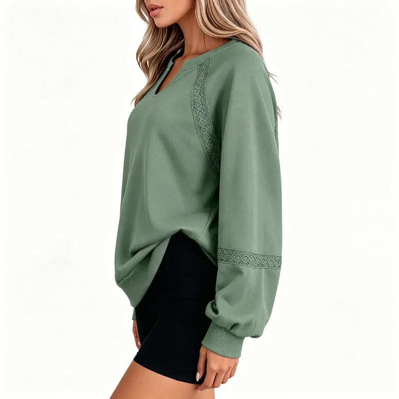 Notch V-Neck Lace Spliced Long Sleeve Sweatshirt