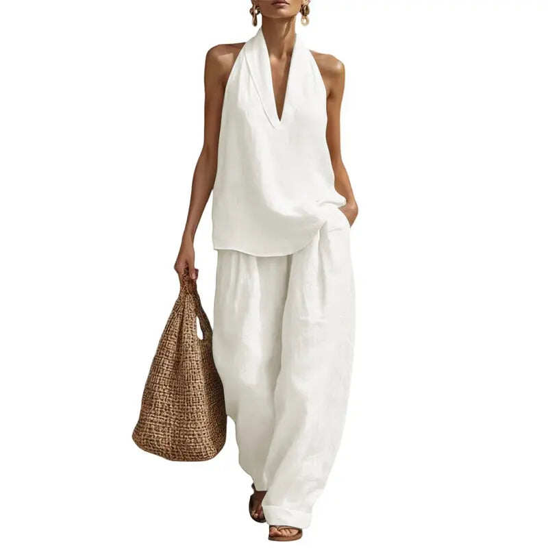 Halter Deep V Neck Two-Piece Wide Leg Pants Set