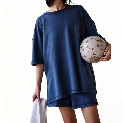 Round Neck Side Split Stitch Loose Top & Matching Shorts Casual Lounge Set