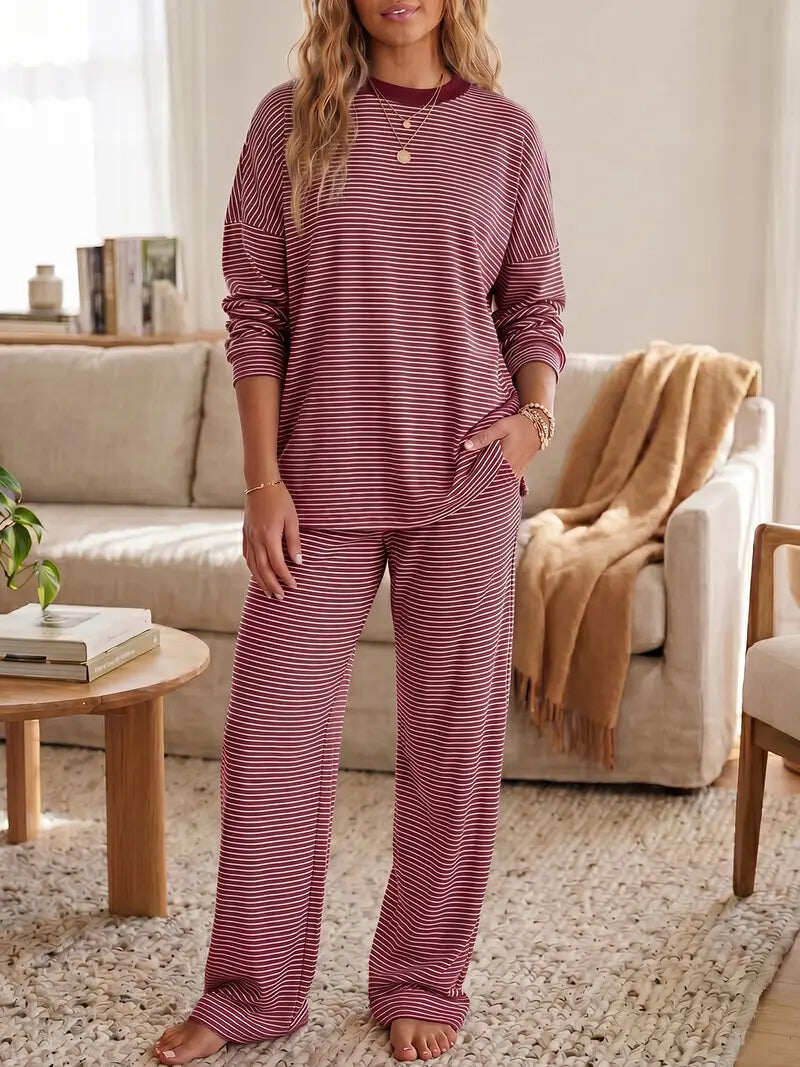 Striped Crew Neck Split Hem Top & Pants Two Piece Set